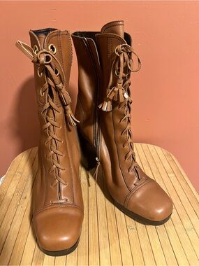 Miu Miu Cognac Lace-Up Mid-Calf Heeled Boots